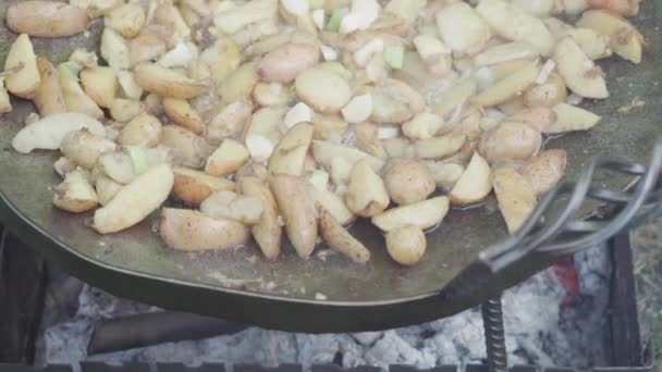 요리, 피크닉, 동양 요리 컨셉트 - 대용량 프라이팬 위의 감자 위에 컬링 양파를 떨어뜨린다. — 비디오