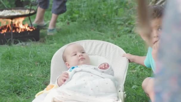 Infância, infância, desenvolvimento, conceito de férias de verão - Close-up retrato de bebê recém-nascido acordado deitado em cadeira de balanço brincando com a irmã e irmão fundo de grama verde. — Vídeo de Stock
