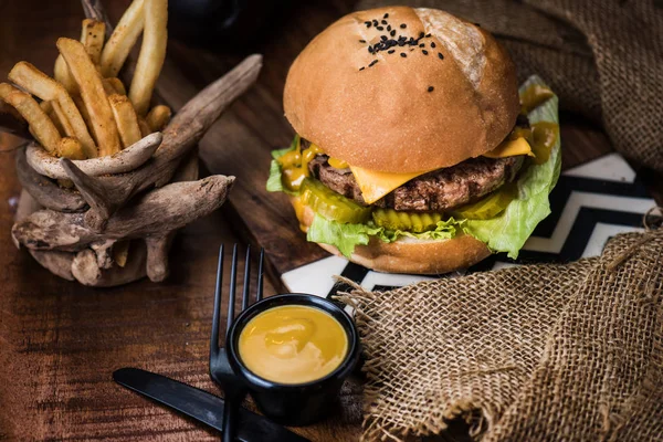 Beef Burger Fries Rustic Style Fabric Wood Table — Stock Photo, Image