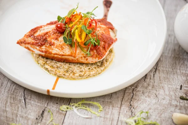 Chicken Tomato Souse White Plate Rustic Style — Stock Photo, Image