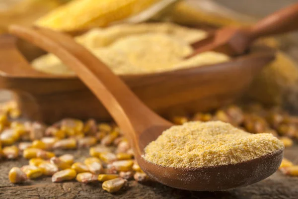 Homemade Organically Produced Corn Gritz Polenta Rustic Wooden Table — Stock Photo, Image