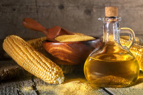 Corn Grits Polenta Corn Oil Bottle Corn Groats Corncobs Wooden — Stock Photo, Image