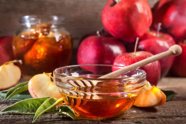 Jewish Holiday Rosh Hashanah Apples Honey Rustic Wooden Table Vintage — Stock Photo, Image