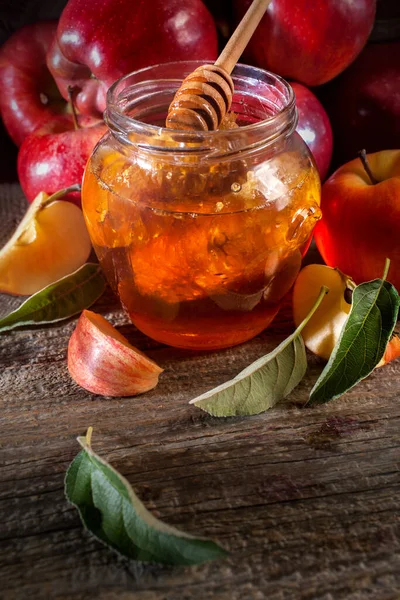 Jewish Holiday Rosh Hashanah Apples Honey Rustic Wooden Table Vintage — Stock Photo, Image