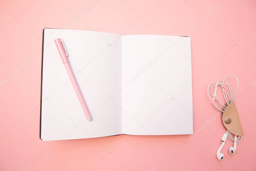 Opened empty diary with pink pen on pastel millennial pink paper background. Concept education, blogging. Top view. Flat lay. Minimal style. Template for female blog. Lifestyle. Copy space