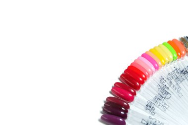 Beyaz arka plan üzerinde izole farklı renklerde jel lehçe palet. Metin için kopya alanı, üst görünüm, düz döşeme