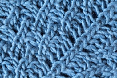 Örme yün dokulu yüzey, makro. Yumuşak gri mavi merinos yün desen arka plan, closeup. Sonbahar ve kış düz yatıyordu. İskandinav minimal tarzı