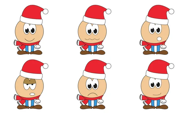 设置6独立卡通圣诞老人图释 面孔与红色帽子和围巾 圣诞节情感 — 图库矢量图片