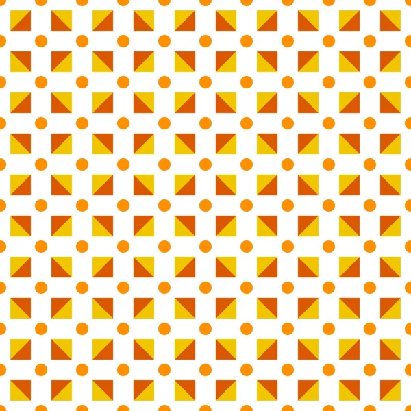 シームレスなパターンは オレンジと赤の色合いの水玉白い背景の上の正方形の三角形 — ストックベクタ