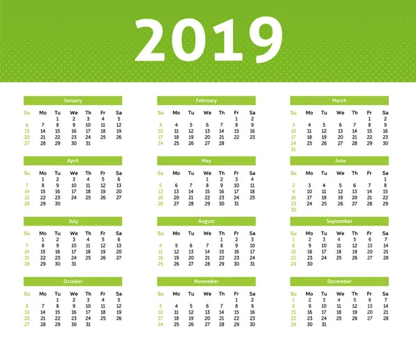 Calendario Del Año 2019 Con Mes Inglés Estilo Ligh Verde — Archivo Imágenes Vectoriales