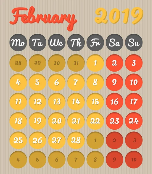 Calendario Planificación Mes Moderno Inglés Para Febrero 2019 Estilo Cartón — Archivo Imágenes Vectoriales