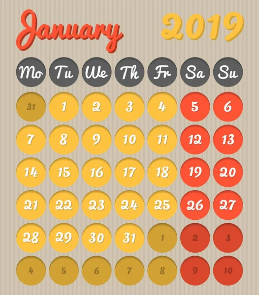 Calendario Planificación Mes Moderno Inglés Para Enero 2019 Estilo Cartón — Vector de stock