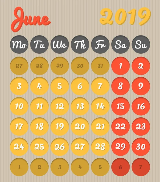 Modern Planlama Takviminde Haziran 2019 Sarı Kırmızı Hafta Sonu Canlı — Stok Vektör