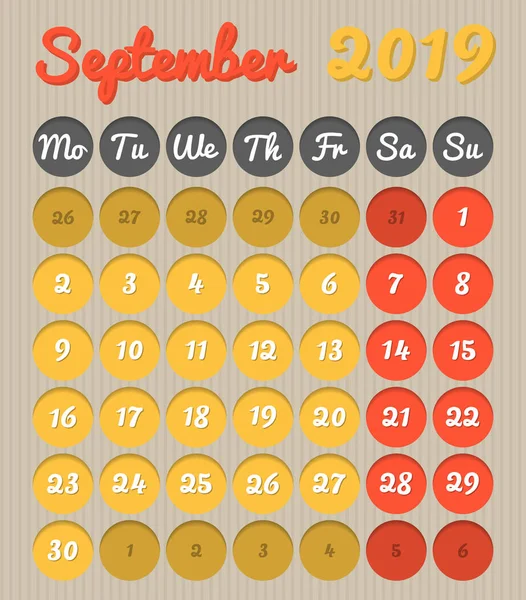 Calendario Planificación Mes Moderno Inglés Para Septiembre 2019 Estilo Cartón — Vector de stock