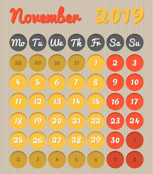 Calendario Planificación Mes Moderno Inglés Para Noviembre 2019 Estilo Cartón — Archivo Imágenes Vectoriales