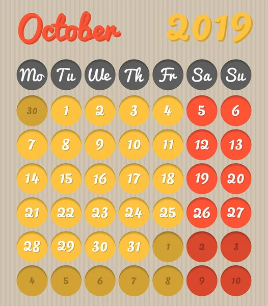 Ekim 2019 Sarı Kırmızı Hafta Sonu Canlı Renkler Ile Karton — Stok Vektör