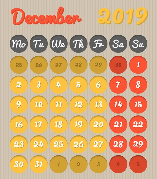 Calendario Planificación Mes Moderno Inglés Para Diciembre 2019 Estilo Cartón — Archivo Imágenes Vectoriales