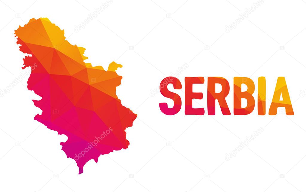 Low polygonal map of the Republic of Serbia (Republika Srbija) also known as Serbia (Srbija) with sign Serbia, both in warm colors;  country at Southeast Europe in the southern Pannonian Plain and the central Balkans