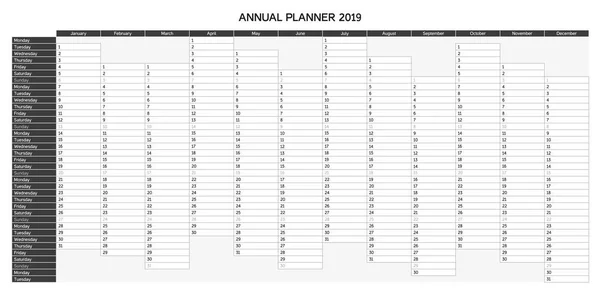 年计划日历2019英语 年度计划 2019 星期日高亮显示 灰度单色变体 其他语言和组合中的颜色变化 — 图库矢量图片