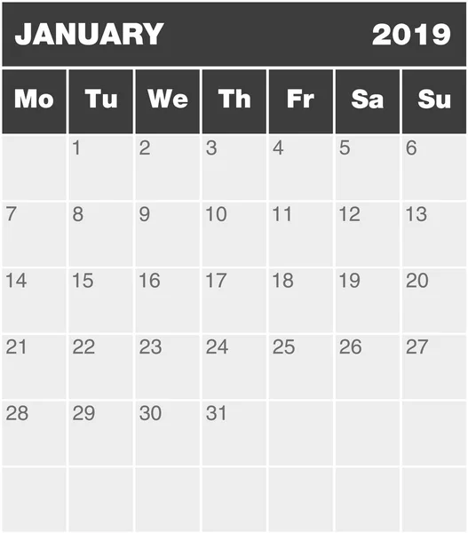 Calendrier Planification Mois Classique Anglais Pour Janvier 2019 Lundi Dimanche — Image vectorielle