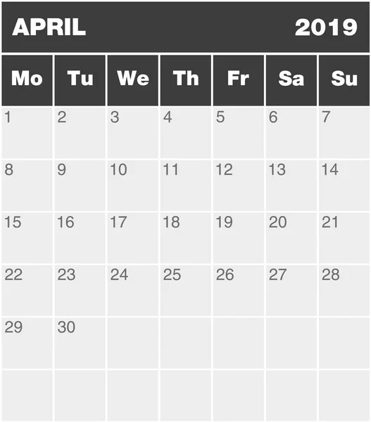 Calendario Clásico Planificación Meses Inglés Para Abril 2019 Lunes Domingo — Vector de stock