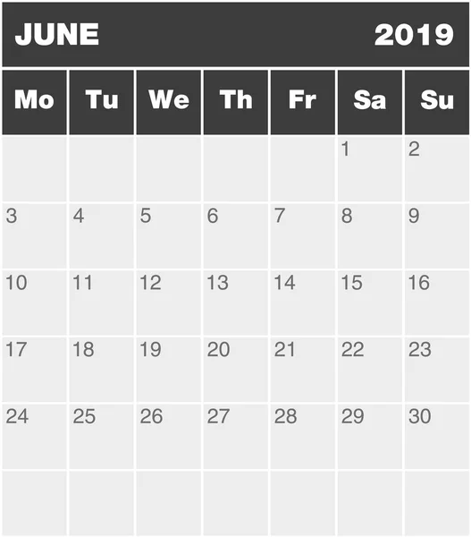 Calendario Clásico Planificación Meses Inglés Para Junio 2019 Lunes Domingo — Vector de stock