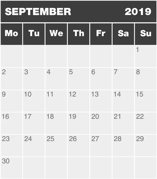 Calendario Clásico Planificación Meses Inglés Para Septiembre 2019 Lunes Domingo — Vector de stock