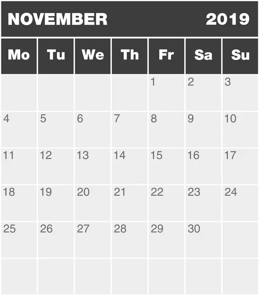 Calendario Clásico Planificación Meses Inglés Para Noviembre 2019 Lunes Domingo — Vector de stock