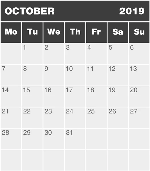 Calendrier Planification Mois Classique Anglais Pour Octobre 2019 Lundi Dimanche — Image vectorielle