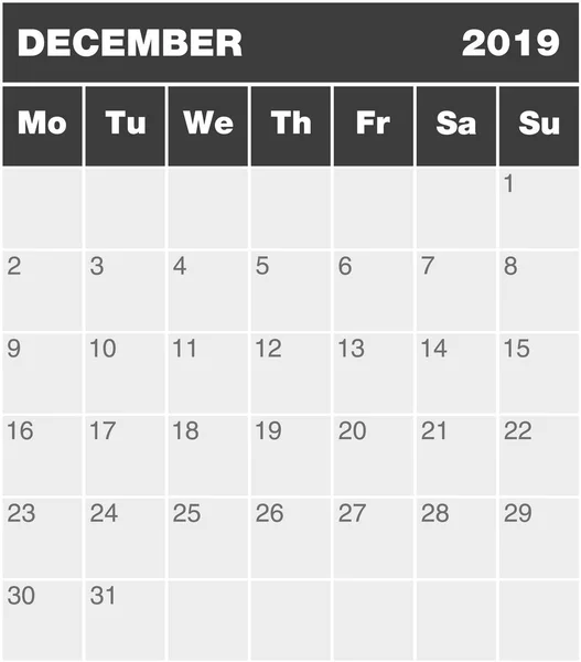 Calendario Clásico Planificación Meses Inglés Para Diciembre 2019 Lunes Domingo — Vector de stock