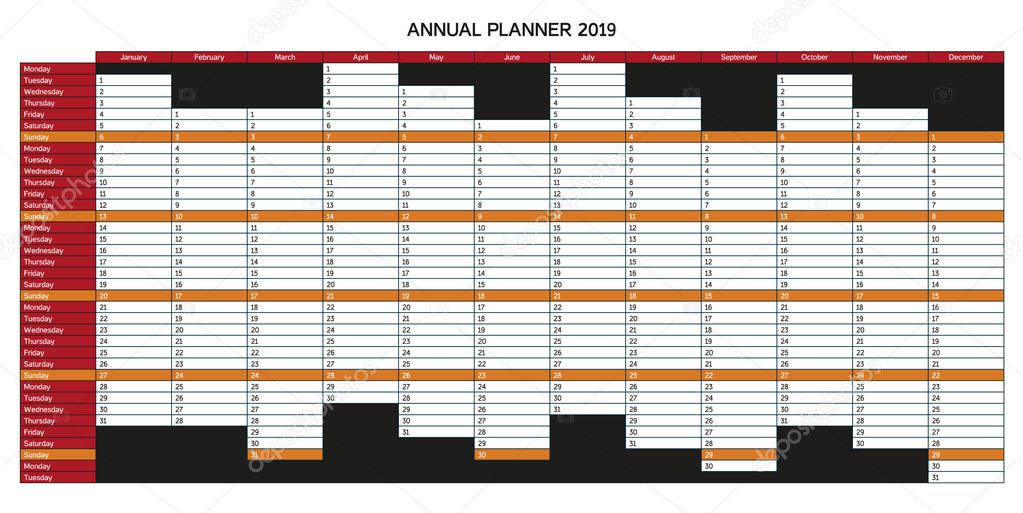 Year planning calendar for 2019 in English - Annual Planner 2019; Sundays are highlighted, colorful version with red and orange color, monochrome variation and other language mutations in portfolio