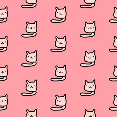 Küçük yavru kedi minimalizm tarzı pembe yazı tipi yandan seamless modeli çizilmiş