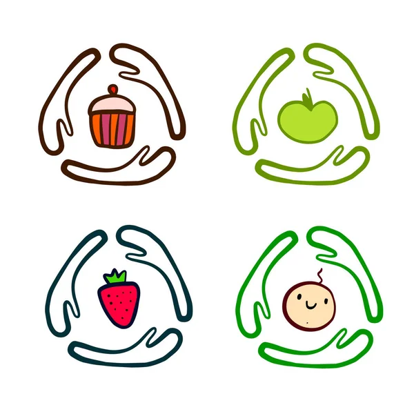 Set van vier logo's hand getekende illustraties met taart appel-aardbei en baby — Stockvector
