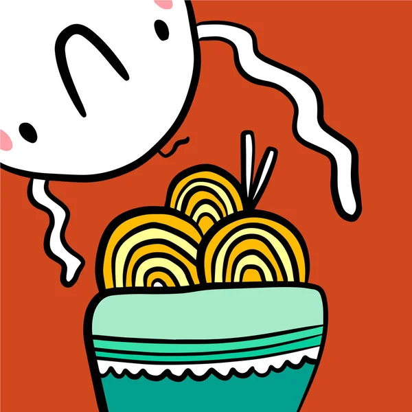 Bonito marshmallow comer ramen mão desenhada ilustração — Vetor de Stock