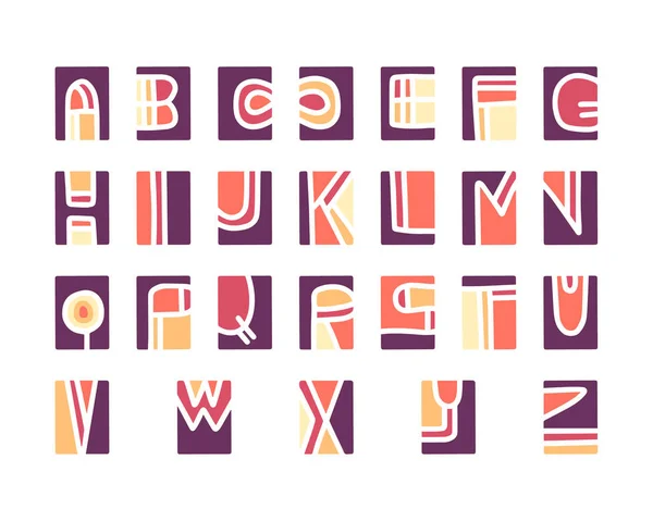 Gestanste alfabet, prentkunst lino-cut vector-elementen op de achtergrond. Kleurrijke vintage — Stockvector