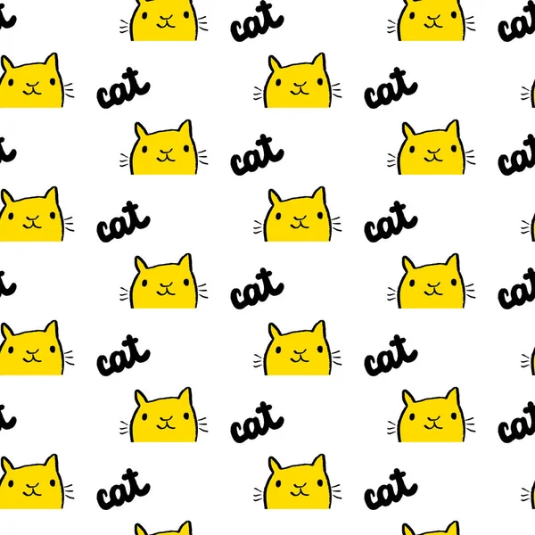 Gatto disegnato a mano giallo con motivo senza cuciture lettering — Vettoriale Stock