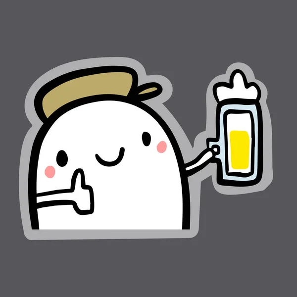 Schattig marshmallow drinken bier hand getekend sticker illustratie in cartoon stijl — Stockvector
