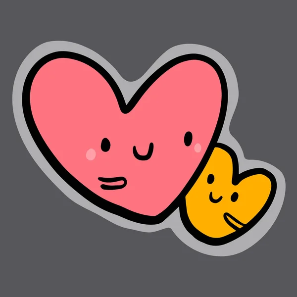 Maman et bébé dessiné à la main autocollant deux cœurs illustration dans le style de dessin animé — Image vectorielle
