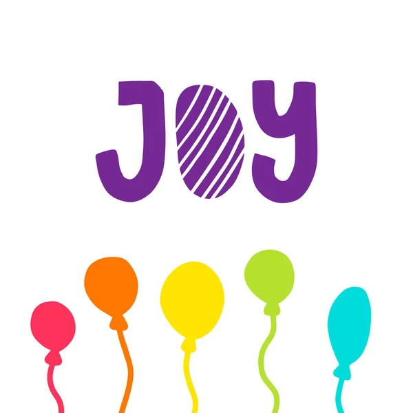 Letras dibujadas a mano Joy con globos de colores minimalismo de dibujos animados para la fiesta de cumpleaños — Vector de stock