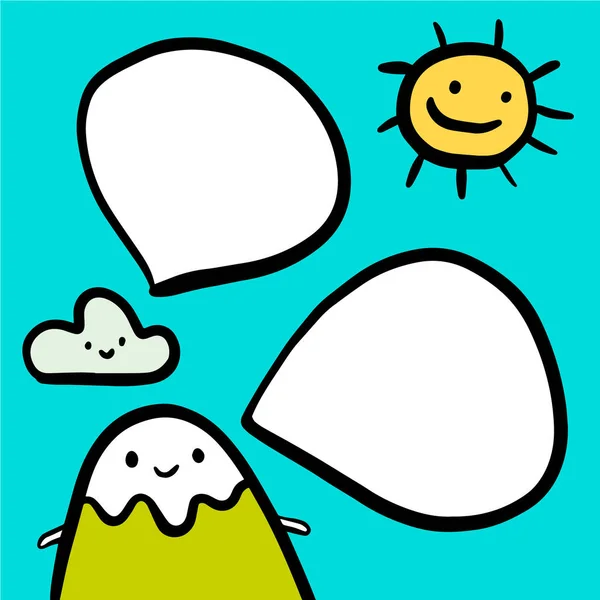 Smiling hill mountain sun cloud and speech bubbles hand drawn illustration in cartoon style — Stock Vector