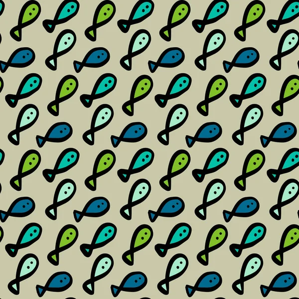 Rybičky v bezešvé ruční kreslené masce v kresleném stylu modré zelené barvy — Stockový vektor