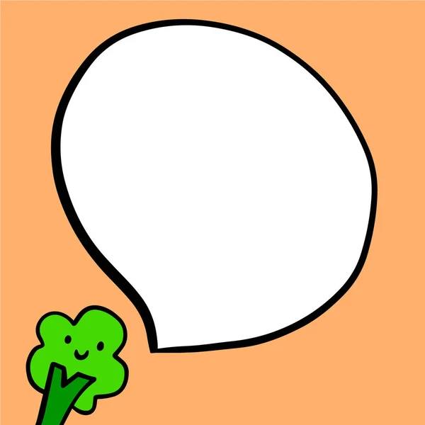 Brócoli verde y burbuja del habla ilustración dibujada a mano en estilo de dibujos animados — Vector de stock