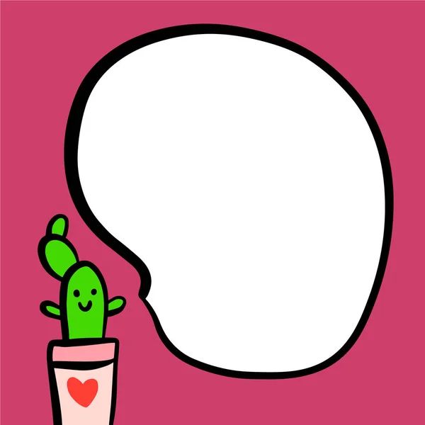 Cactus parlante en una olla dibujado a mano arte de burbuja sorda en estilo de dibujos animados — Vector de stock
