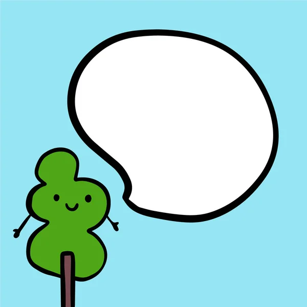 Árbol sonriente y burbuja del habla ilustración dibujada a mano para problemas ecológicos — Vector de stock