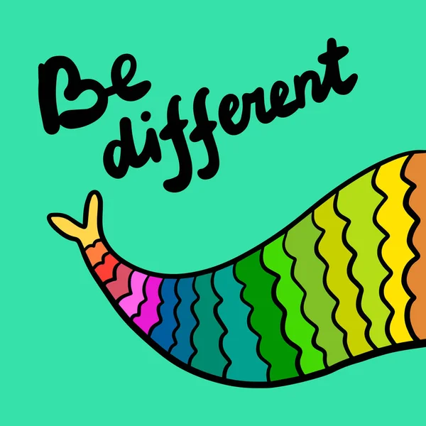 Ser diferente cola de sirena colorido arco iris estilo dibujado a mano ilustración — Vector de stock