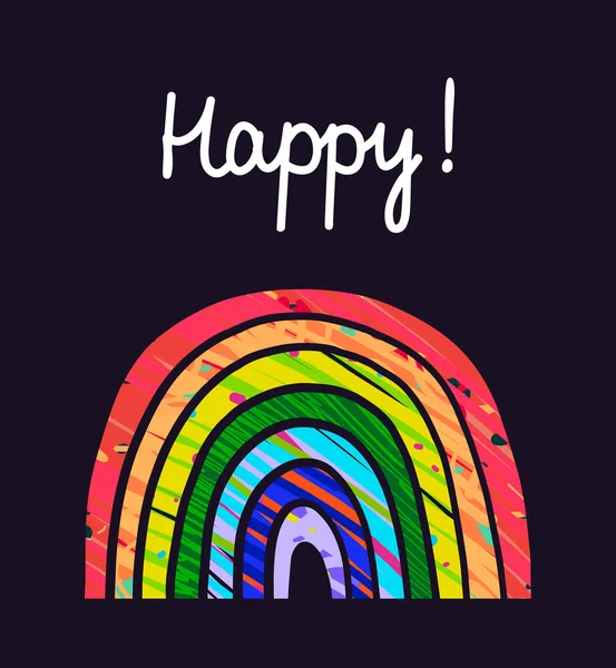 Glücklich Textur Regenbogen im Cartoon-Stil handgezeichnete Illustration mit Schriftzug — Stockvektor