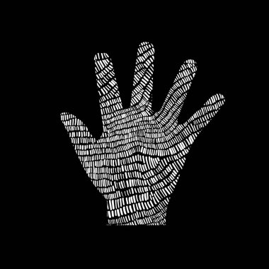 Siyah yazı tipi el silueti üzerindeki beyaz vuruşlar soyut çizimler. Çizgiler