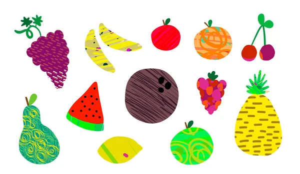夏のフルーツブドウコクナッツりんご梨オレンジ桃パイナップルチェリーラズベリーバナナ手描きのセット — ストックベクタ