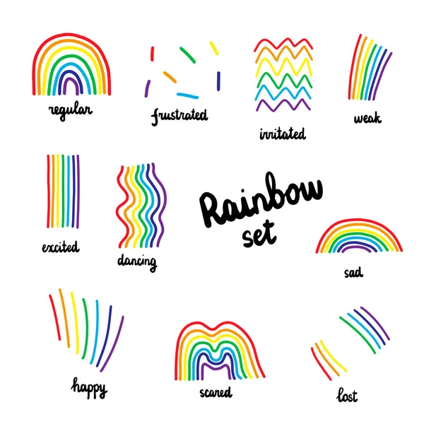 Rainbow set hand drawn illustration. Different emotions and feelings in cartoon style