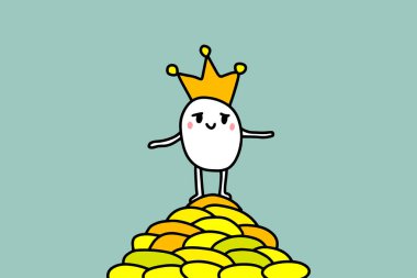 Çok zengin karikatür kral el çizilmiş illüstrasyon. Altın paradağına dalıyor. Minimalizm vektörü